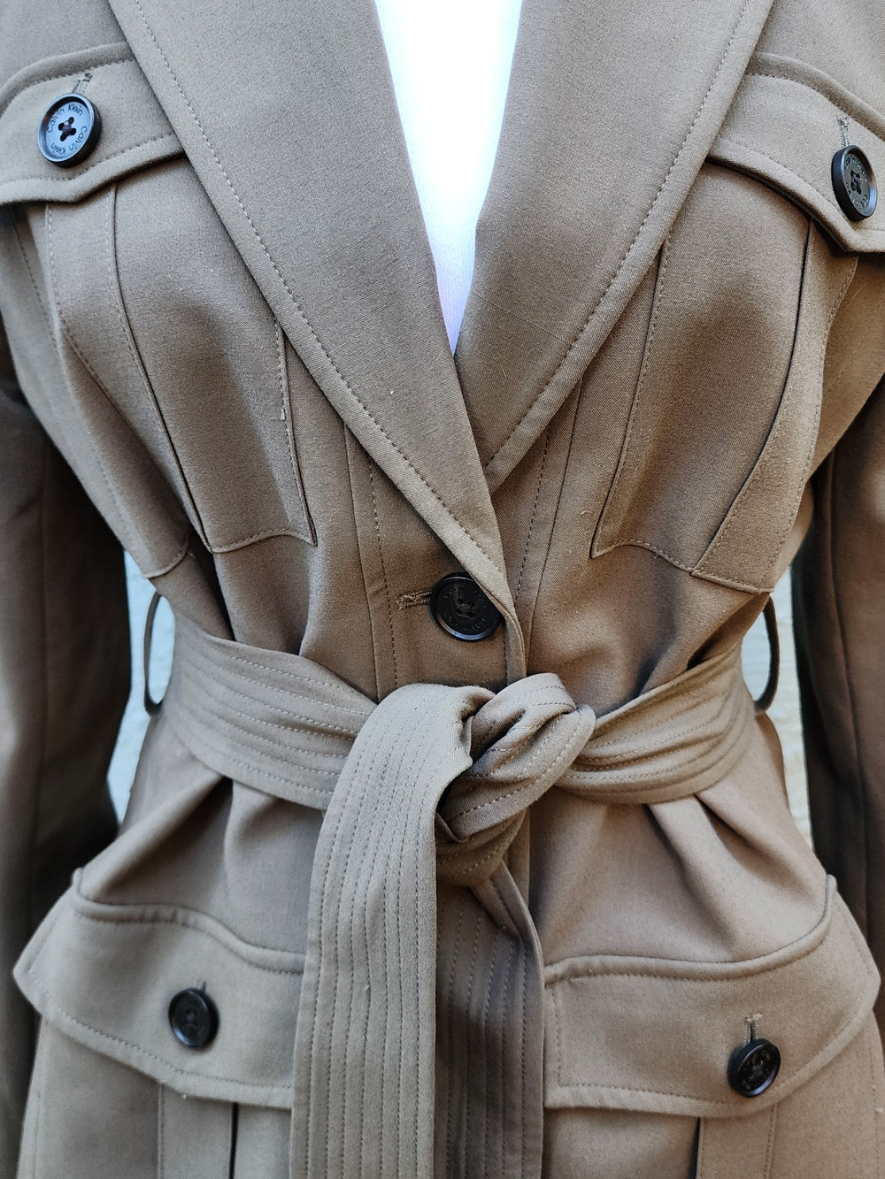 Calvin Klein Khaki Tan Belted Safari Blazer Jacket Utility Cargo Size 6 - Picture 3 of 16
